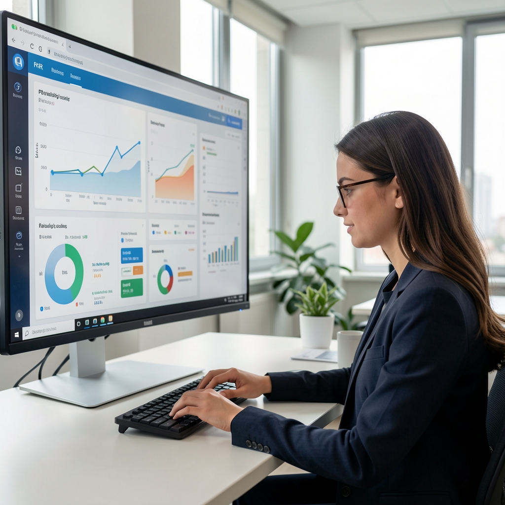 Genç kadın veri analitiği uzmanı büyük bir ekran önünde çalışıyor, ekranda PR metrik grafikleri ve dashboard görünüyor