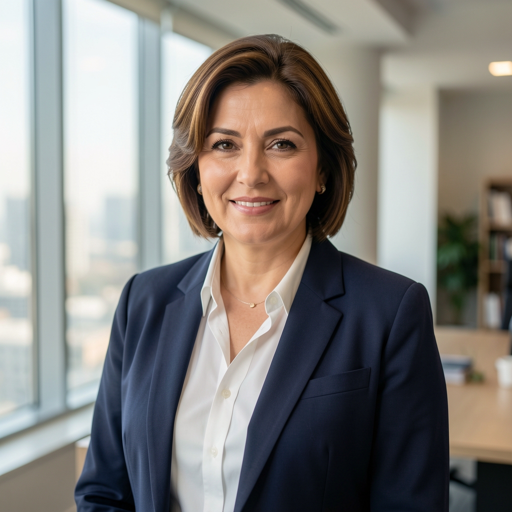 Ayşe Kılıçoğlu İstanbul'daki ofis ortamında çalışırken, masasında stratejik iletişim planları ve notlar görünüyor