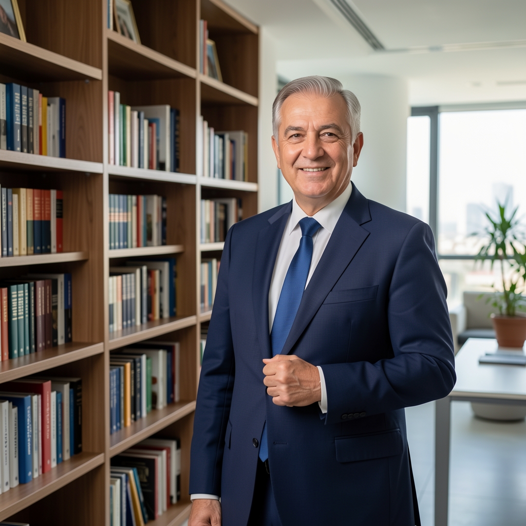Orta yaşlı erkek stratejik iletişim danışmanı modern İstanbul ofisinde kitaplık önünde duruyor, deneyimli ve güvenilir görünüm